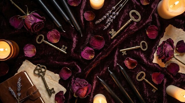 Vintage Keys and Dried Roses on Velvet: Moody Mystical Flat Lay