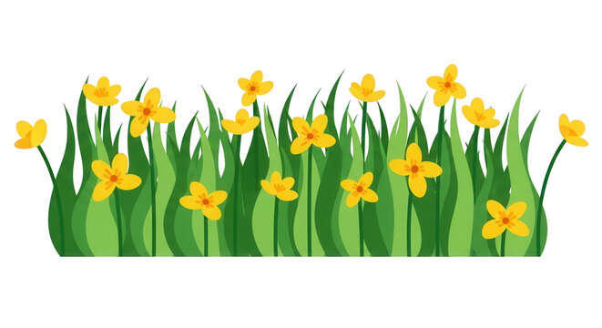 Bright yellow flowers growing in green grass