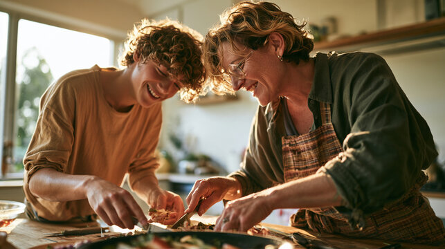 Mother and son baking together in a bright home kitchen