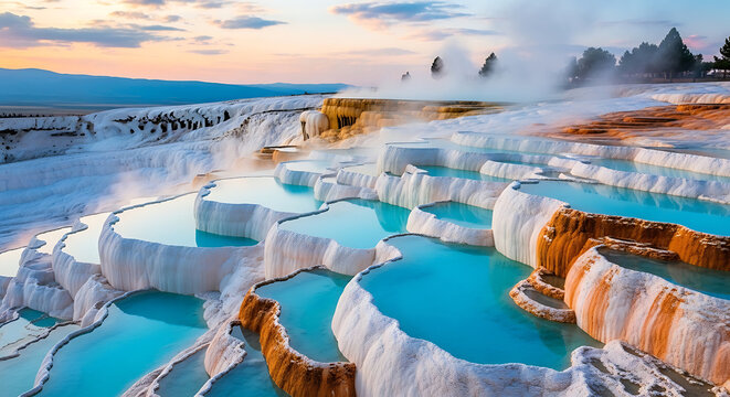 geothermal hot spring terraces mineral colors steam rising