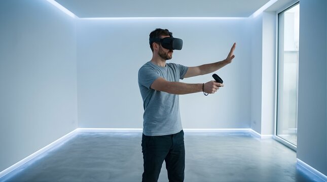 Man wearing virtual reality headset in a modern bright white interior room