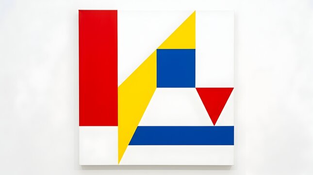 Geometric abstract painting with primary colors, minimalist modern art on white canvas, constructivist composition with red blue and yellow shapes