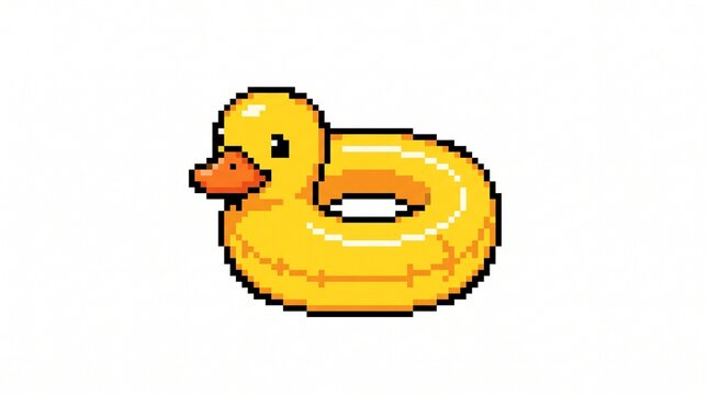 8-bit pixel art of a yellow rubber duck inflatable pool float ring game asset isolated on white.