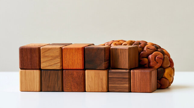 Elegant wide still life featuring wooden blocks arranged as a full brain battery and a nearly empty brain battery with a gradual transition between them, powerful visual metaphor for mental energy, 