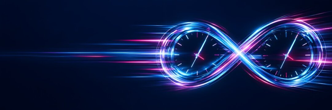 Glowing neon infinity symbol with clock faces illustrating time management and eternal motion concepts