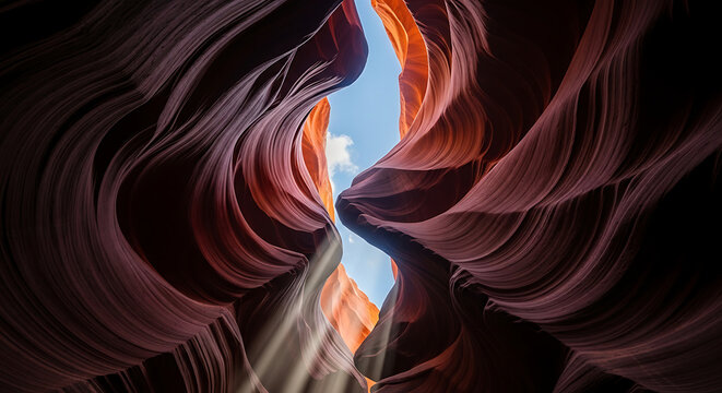 deep narrow slot canyon smooth sandstone curves light beams