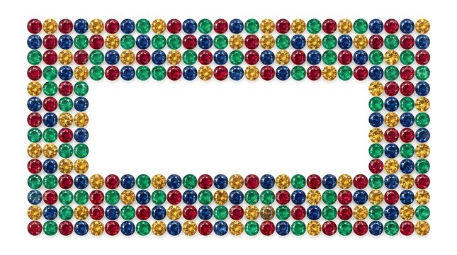 Sparkling gemstone border with colorful crystals, luxury jewel frame on white background, elegant diamond and ruby decorative border