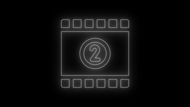 Neon Countdown Number 2 Film Frame Icon on Black Background