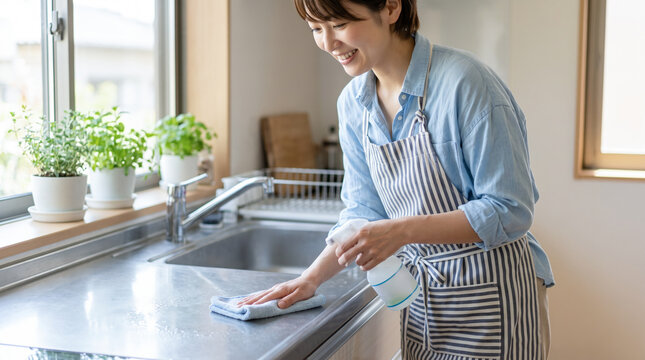 キッチンで笑顔で掃除・消毒をするエプロン姿の女性