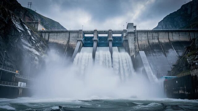 Powerful hydropower dam with water surging and breathtaking cascading waterfall landscape