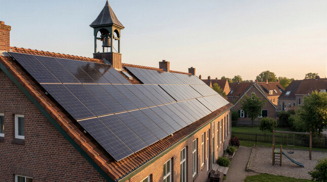Traditional schoolhouse roof covered with modern solar panels in a quiet historic village with a bell mounted