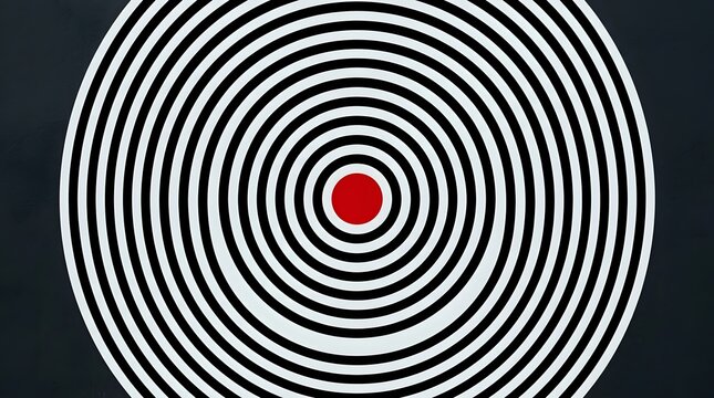 Hypnotic concentric circle pattern, black and white optical illusion with red center, abstract target background for focus and precision