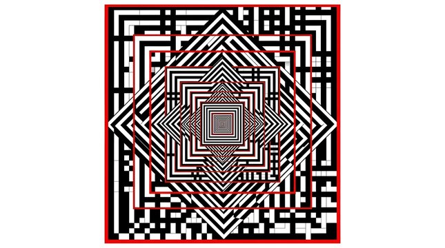 Geometric maze pattern with red borders, abstract labyrinth design in black and white, complex optical illusion art