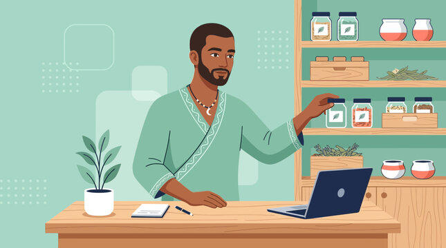 Man with beard in kimono, selecting herbs from shelf with laptop