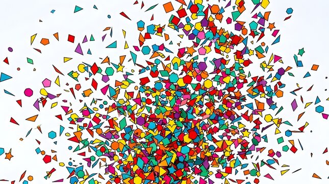 Colorful geometric confetti explosion on white background, vibrant paper shapes falling, festive party celebration decor