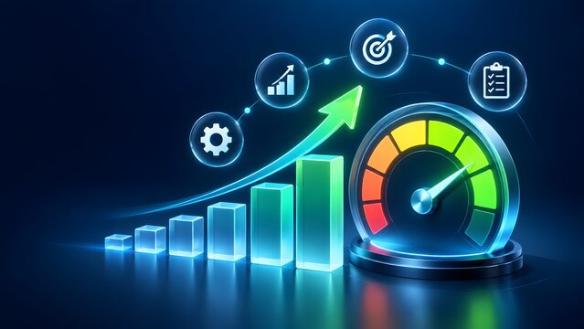 Glowing digital performance gauge with upward bar chart and success arrow representing business growth