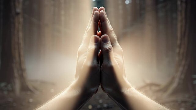 Serene forest scene with hands in prayer glowing soft light peaceful spiritual connection