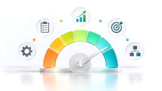 3D colorful performance gauge with business strategy icons representing optimization and maximum success