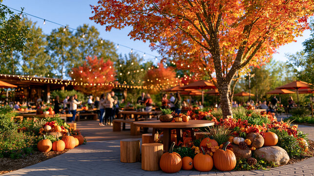 Wide cinematic view of an outdoor harvest festival dance floor decorated with strings of lights overhead, vibrant orange and red autumn foliage, pumpkins and rustic seasonal ornaments, groups of peo