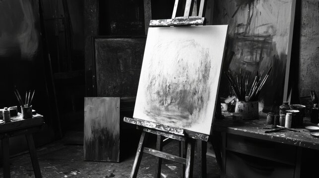Black and White Artist Studio with Canvas on Easel
