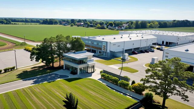Modern warehouse complex surrounded by green fields with architecture and sustainable design