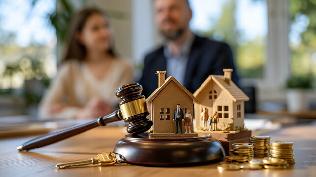 Wide view of a legal consultation desk showing a wooden judge gavel, two separate house models, miniature family figures divided on opposite sides, a property key and coins representing financial as