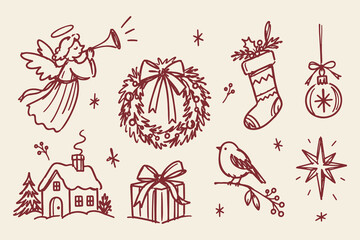 Fototapeta premium Christmas Holiday Symbols Hand Drawn Doodle Set