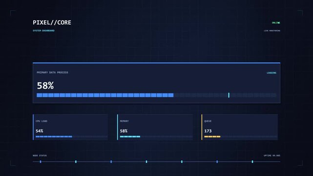 Futuristic Digital Dashboard with Data Processing Visualization and System Performance Metrics on a Dark Blue Grid Interface Perfect for Technology Concepts