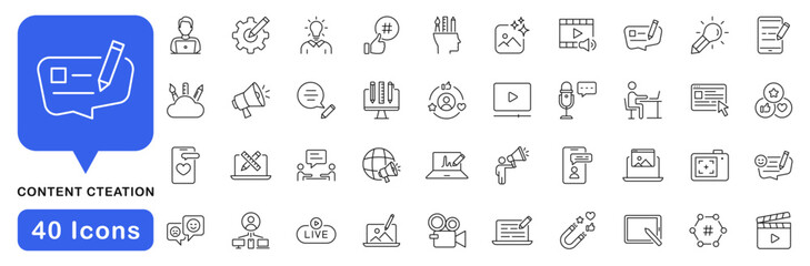 Fototapeta na wymiar Content creation icon set. Digital marketing icon in line style. Editable web icons social media, blog, influencer, multimedia, digital tools, stream, media etc. Vector illustration.