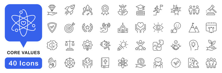 Fototapeta na wymiar Core values icon set. Value icon in line style. Editable web icons family, innovation, quality, balance, sustainability, responsibility, teamwork, honesty, empathy, strategy etc. Vector