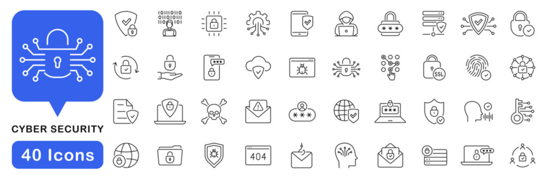 Cyber security icon set. Data protection icon in line style. Editable web icons safety, privacy, secure login, fingerprint, biometric, shield, lock, password etc. Vector illustration.