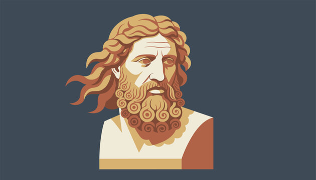 Classical bust sculpture representing an ancient Greek philosopher or deity with detailed hair and curly beard.