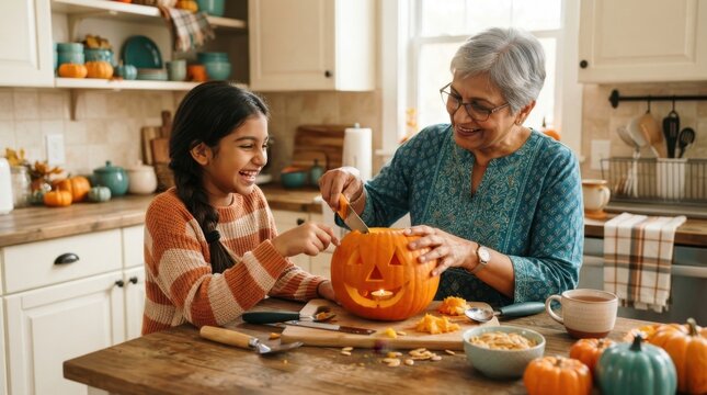 Grandmother and granddaughter happily carving a jack-o'-lantern together in the kitchen