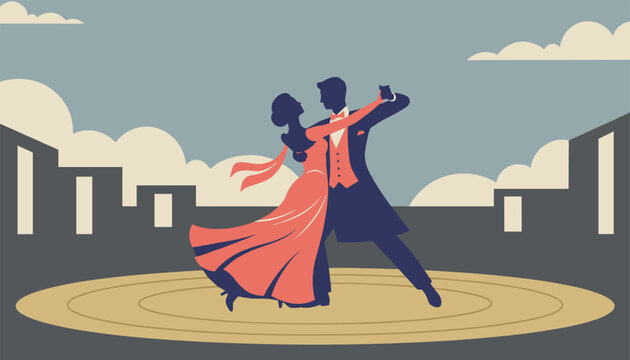 Silhouette of a romantic couple dancing ballroom dance on a stage under a cloudy sky with distant city buildings.