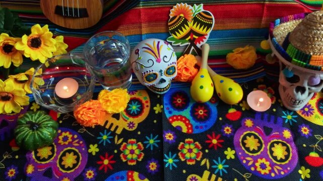 Mexican day of the dead altar with sugar skulls