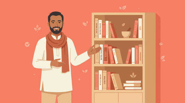 Man presenting bookshelf with books, isolated on transparent background