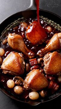 Gourmet Coq Au Vin Chicken Braised in Rich Red Wine Sauce with Mushrooms and Pearl Onions in a Cast Iron Skillet