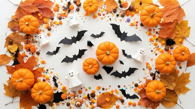 Halloween themed flat lay with pumpkins bats and autumn leaves on white background with copy space