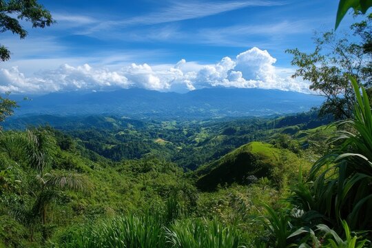 Lush green valley with distant mountains under a blue sky with clouds