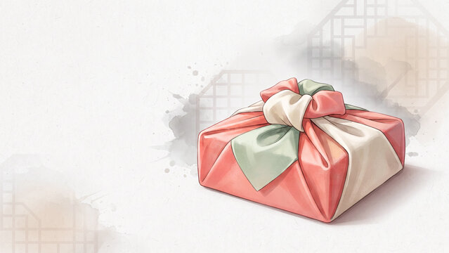 traditional korean bojagi wrapped gift box on sumi-e watercolor background