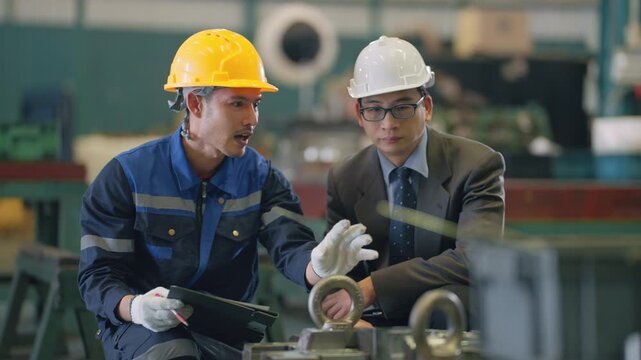 Two men discuss machinery in a factory. One wears a yellow hardhat, the other, a white one. They gesture toward metal parts, showing focus