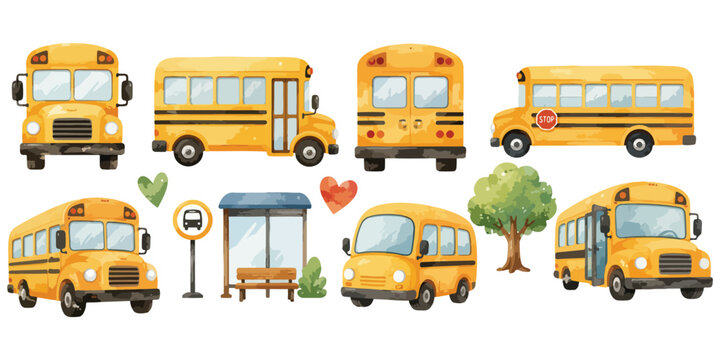 Watercolor Yellow School Bus Transportation and Bus Stop Set Isolated on White Background