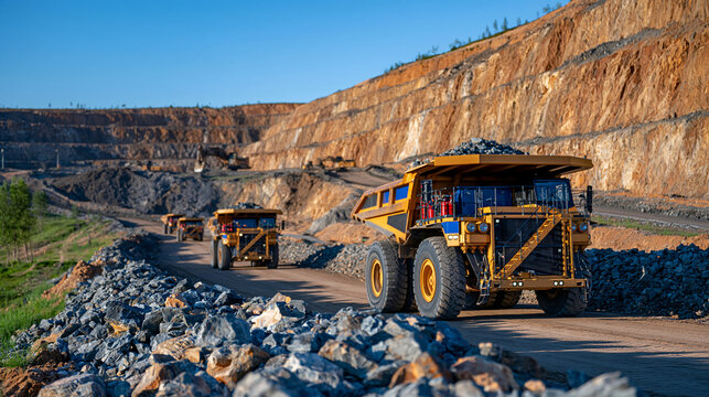 Wide landscape view of a huge open pit mining operation with multiple oversized haul trucks transporting broken rock between excavation zones, massive stepped mine benches, distant excavators and lo