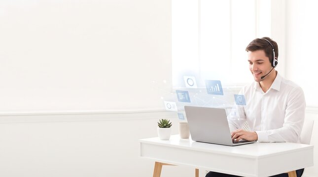Professional customer support agent with headset, male call center operator working on laptop, help desk consultant in bright office