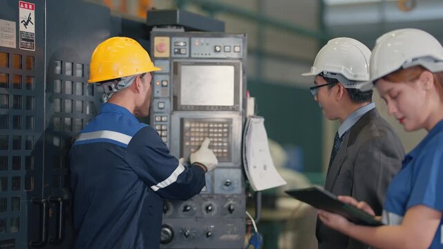 Hard hat worker explains machine controls to manager. They listen attentively, holding tablets and papers. Teamwork in industrial setting