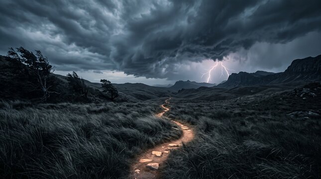 vast emotional landscape representing anxiety dark rolling clouds tall grass bending wind distant lightning narrow glowing path through storm cinematic fantasy realism moody blue gray tones symbolic a