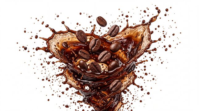 Roasted brown coffee beans spinning inside a splash of dark liquid isolated on white background