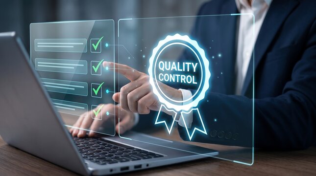 Business professional interacting with virtual quality control interface featuring approval seal and task checklist on holographic display in modern office for product excellence