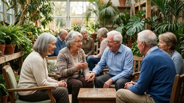 A support group for alzheimer patients and caregivers gathers in a sunlit greenhouse filled with lush green plants, sharing moments of connection and comfort during a meaningful meeting