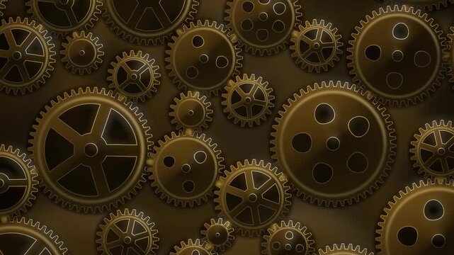 Interlocking Metal Gears Rotating Clockwork Mechanism Background Seamless Loop in bright brass tones